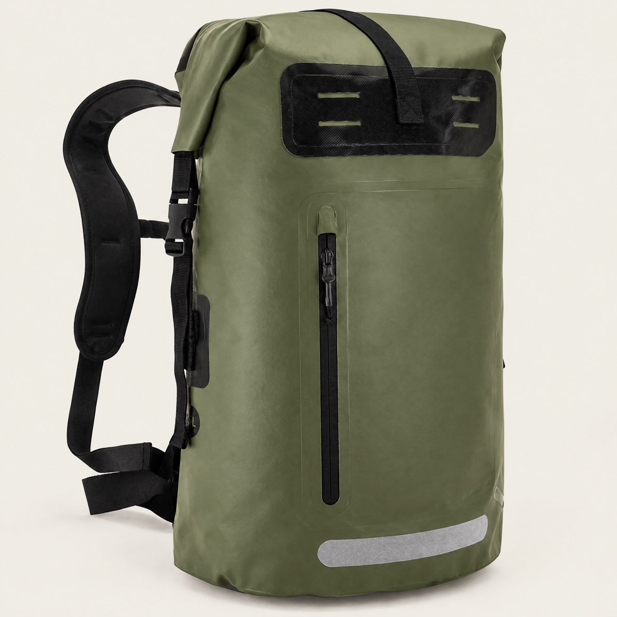Studio illustration of the green roll-top backpack