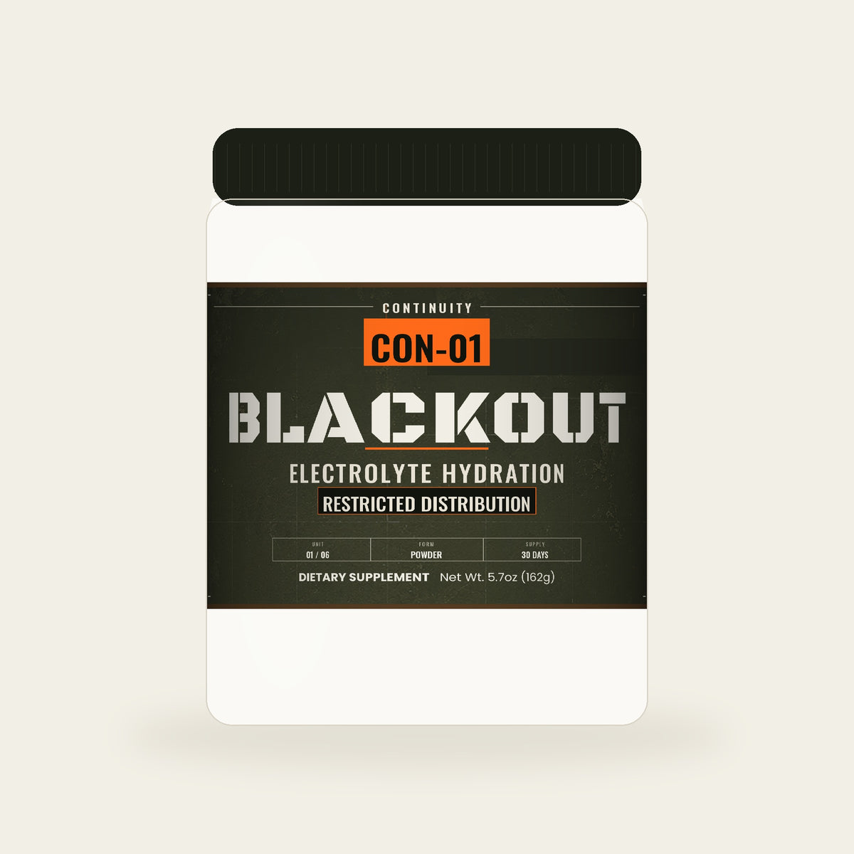CON-01 BLACKOUT electrolyte hydration tub, Stand Fast Supply Co.