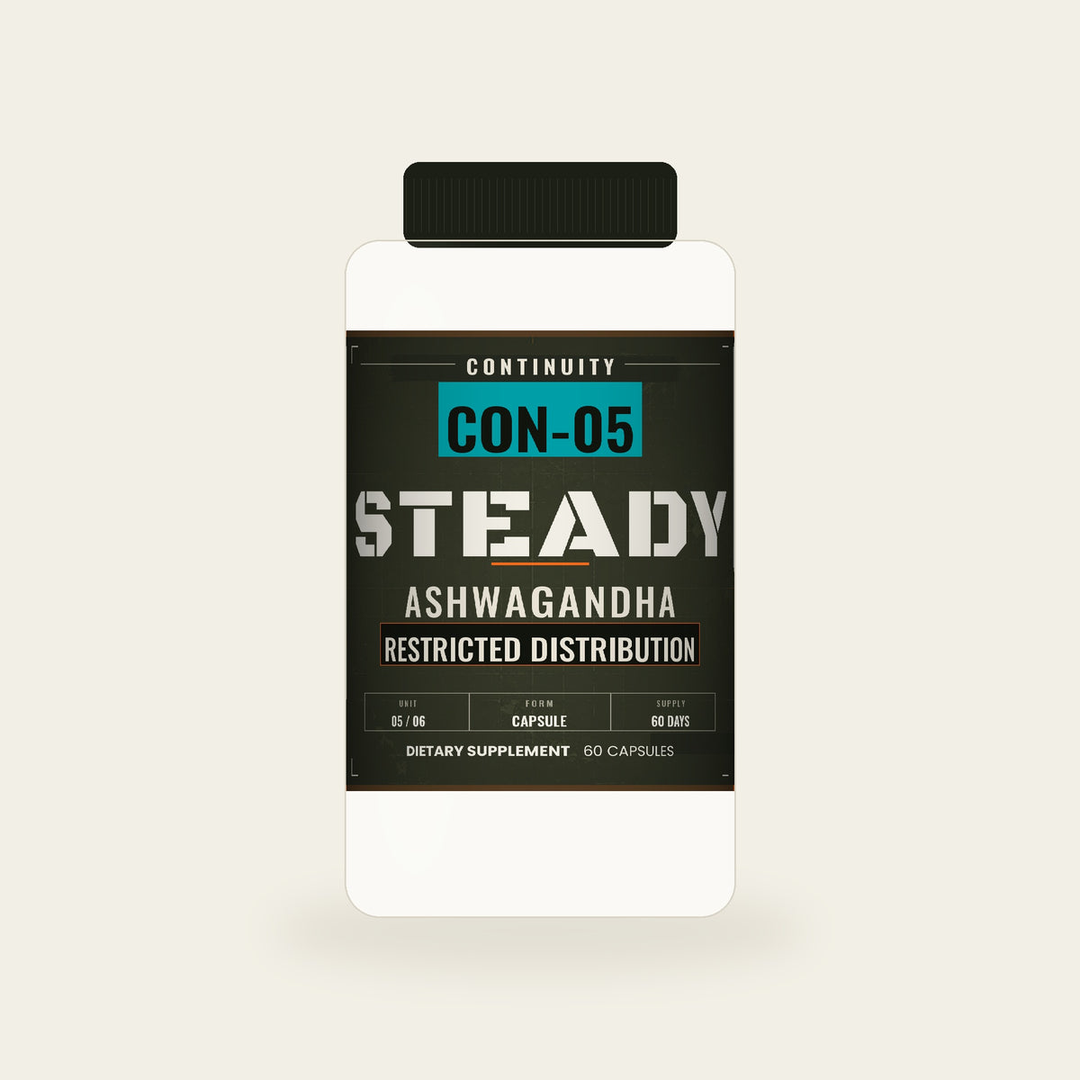 CON-05 STEADY ashwagandha bottle, Stand Fast Supply Co.