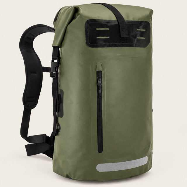 Studio view of Roll-Top Dry Bag Backpack on a warm neutral background