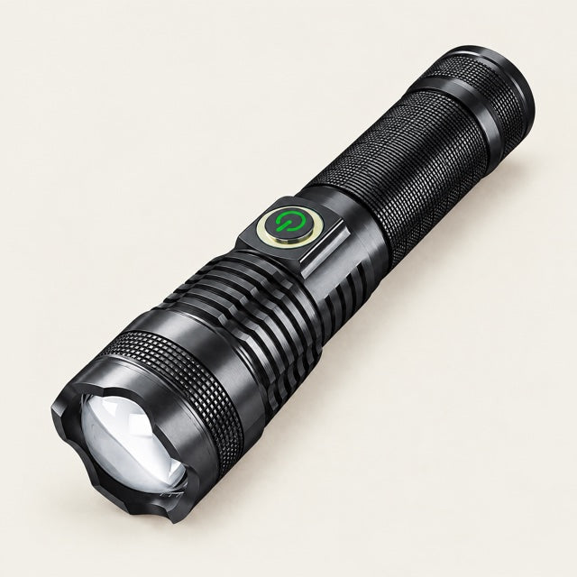 Studio view of Tactical Zoom Flashlight on a warm neutral background