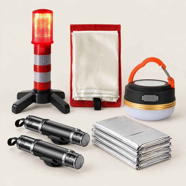 Studio view of Vehicle Emergency Kit on a warm neutral background
